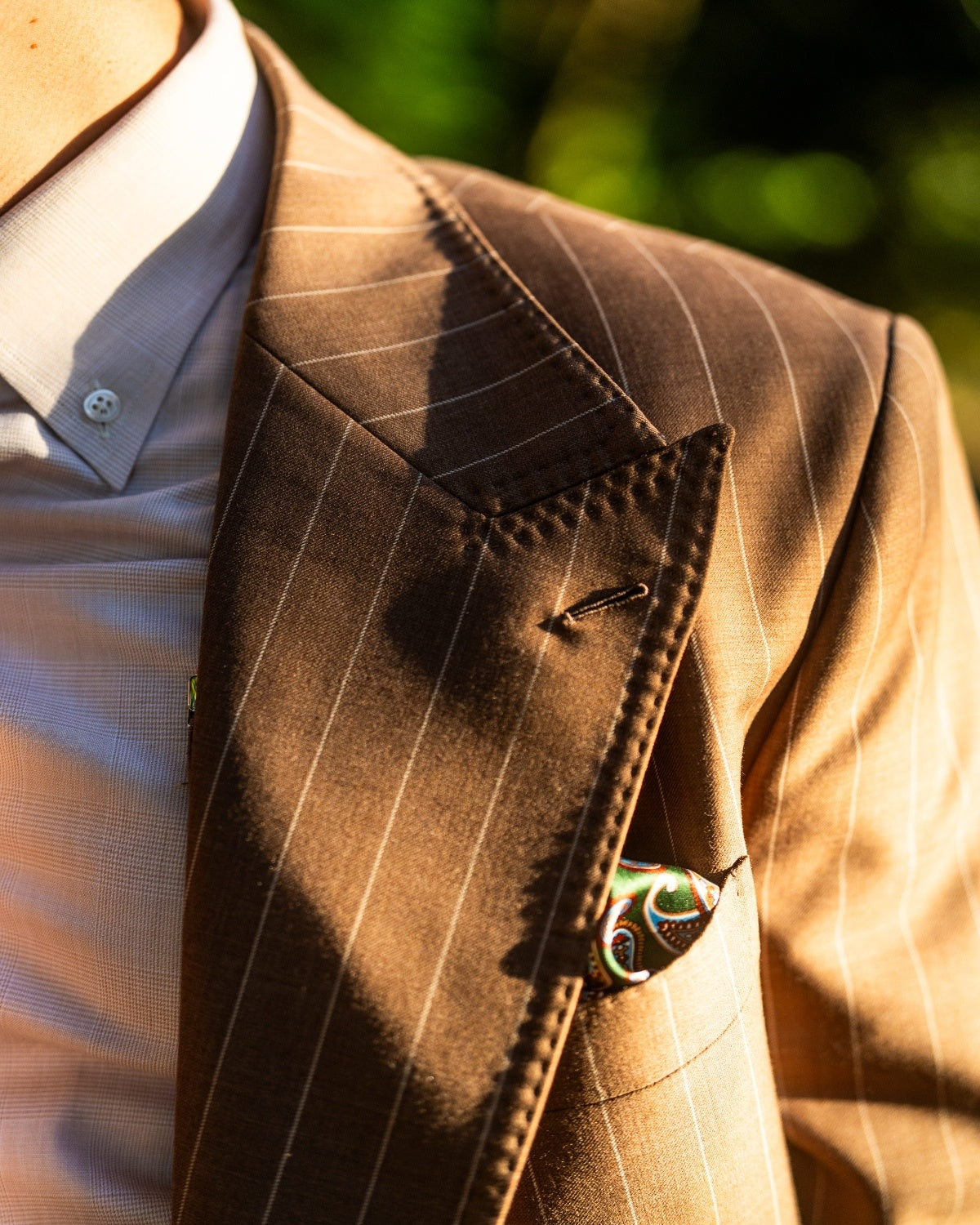 Brown Double-Breasted Pinstripe Suit Gargee