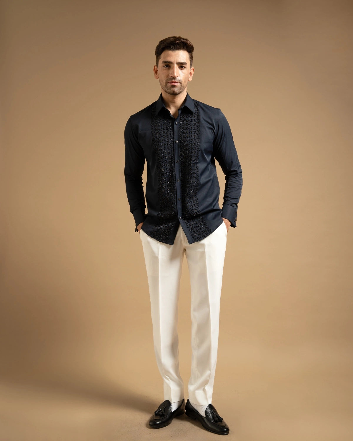 Midnight Textured Embroidered Panel Shirt Gargee
