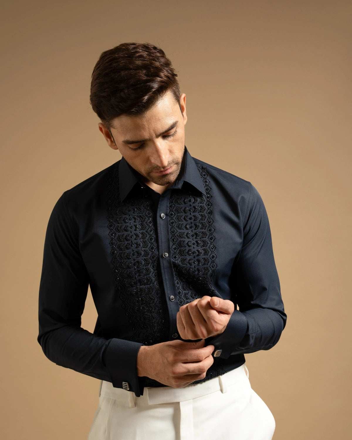 Midnight Textured Embroidered Panel Shirt Gargee