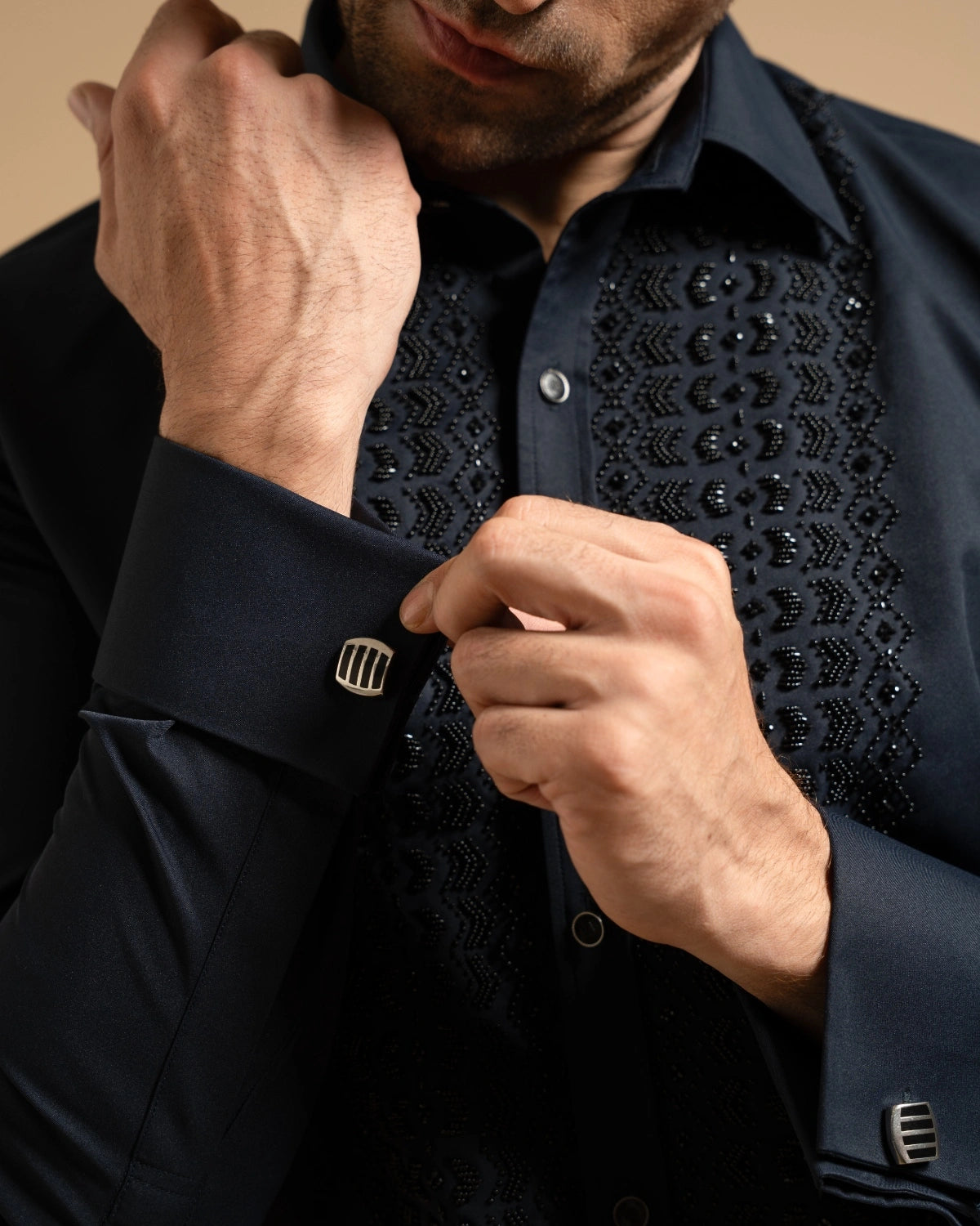 Midnight Textured Embroidered Panel Shirt Gargee