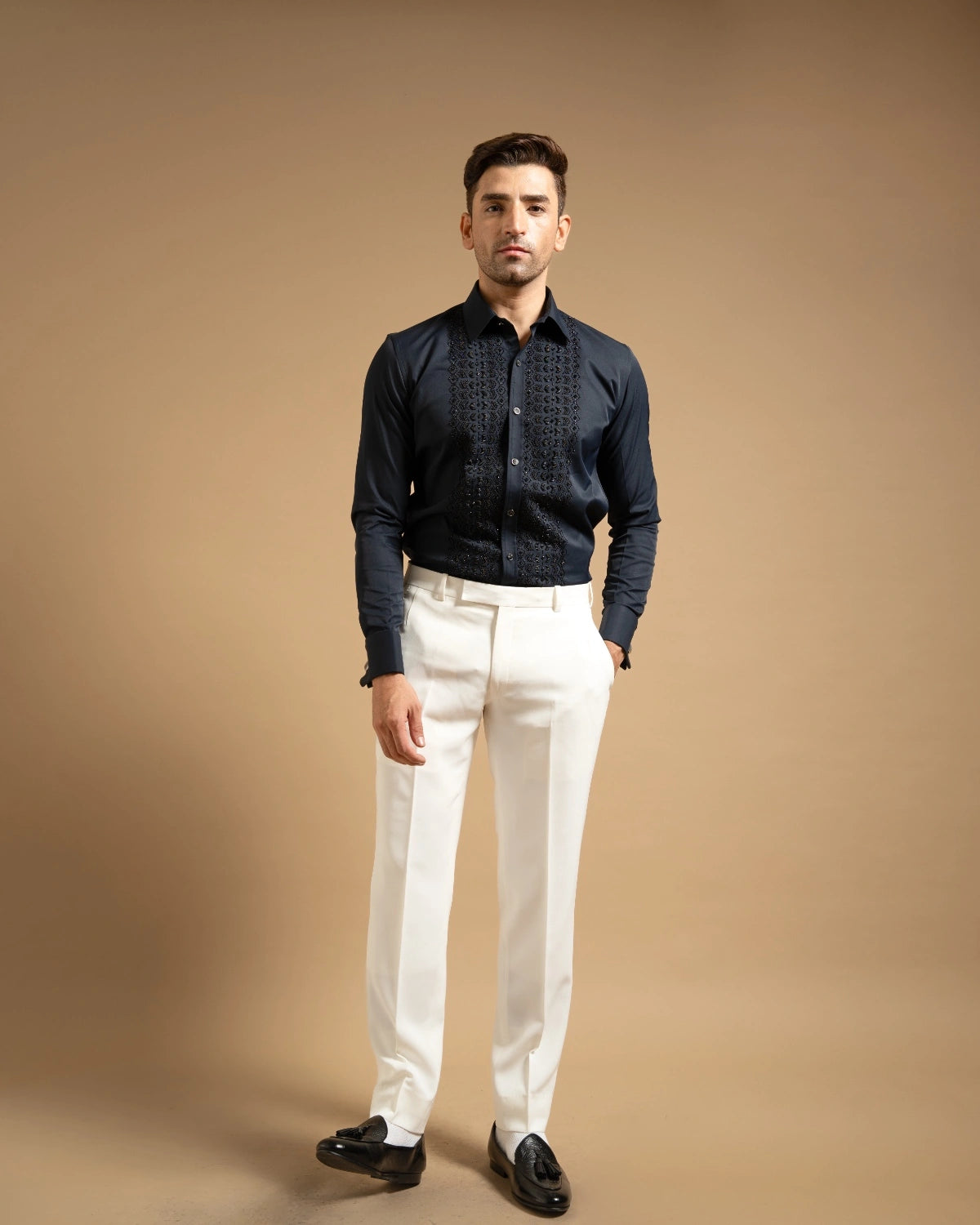 Midnight Textured Embroidered Panel Shirt Gargee