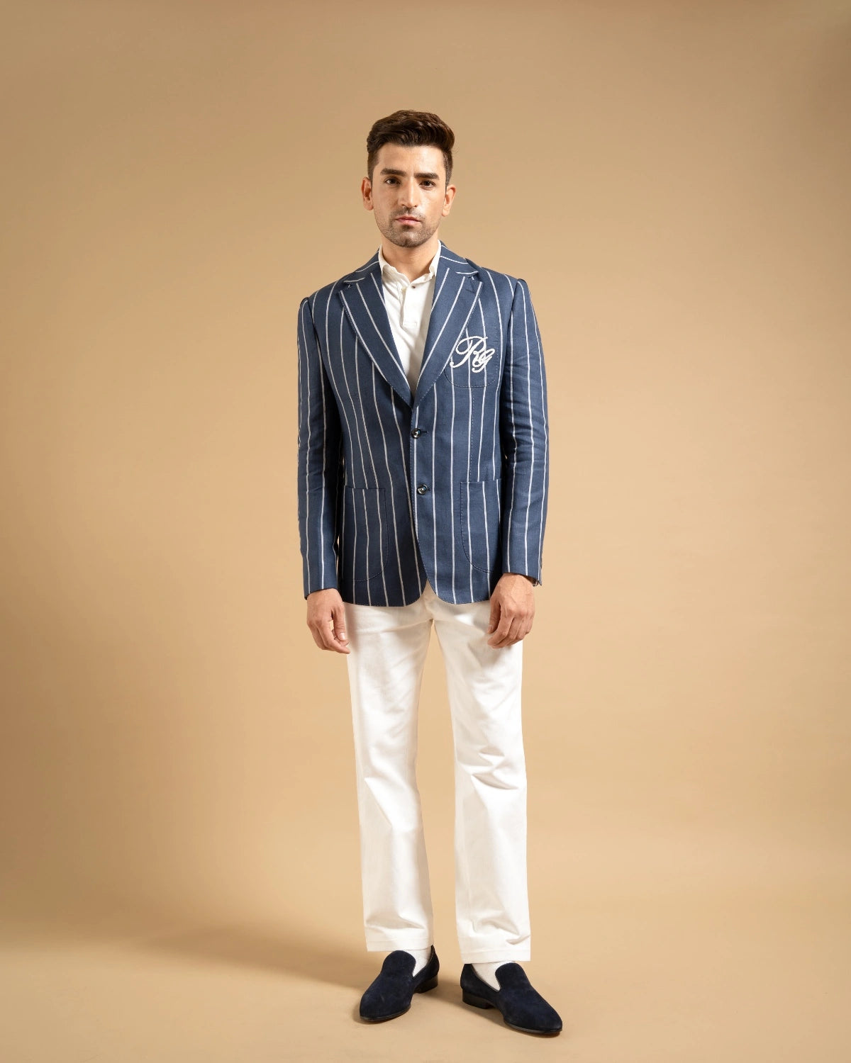 Navy Linen Bold Stripe Crest Blazer Gargee
