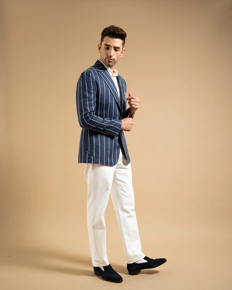 Navy Linen Bold Stripe Crest Blazer Gargee