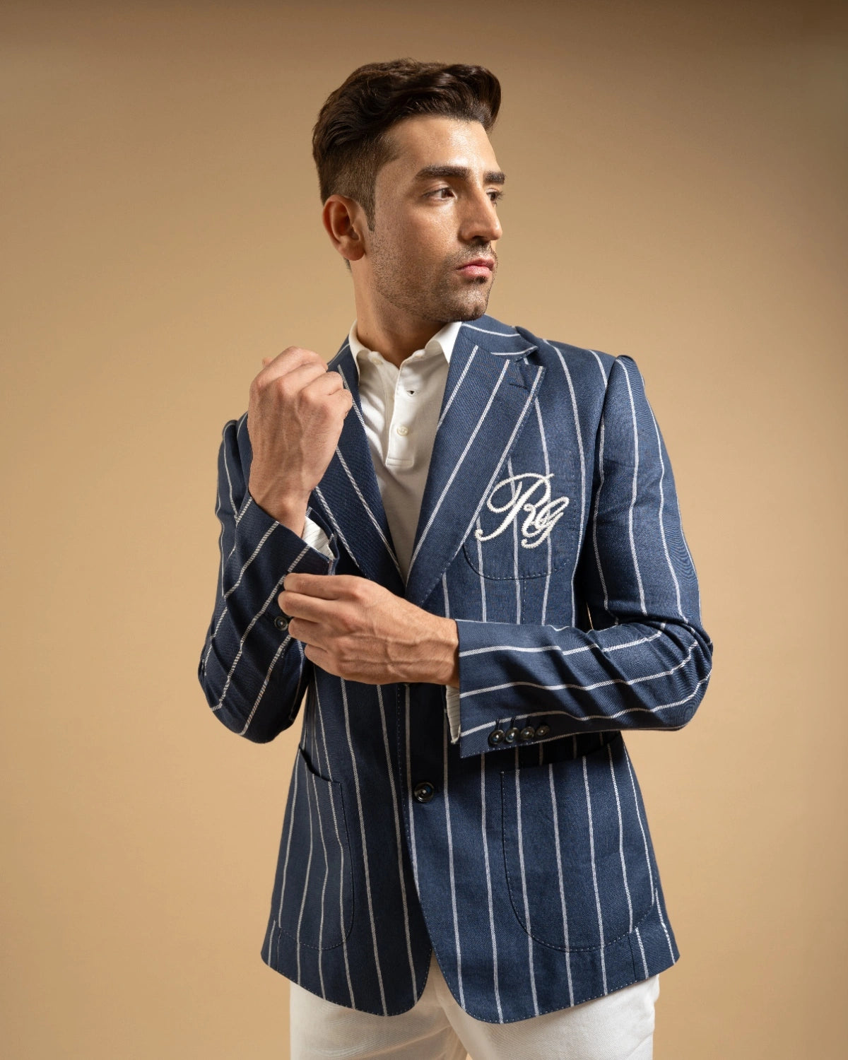 Navy Linen Bold Stripe Crest Blazer Gargee