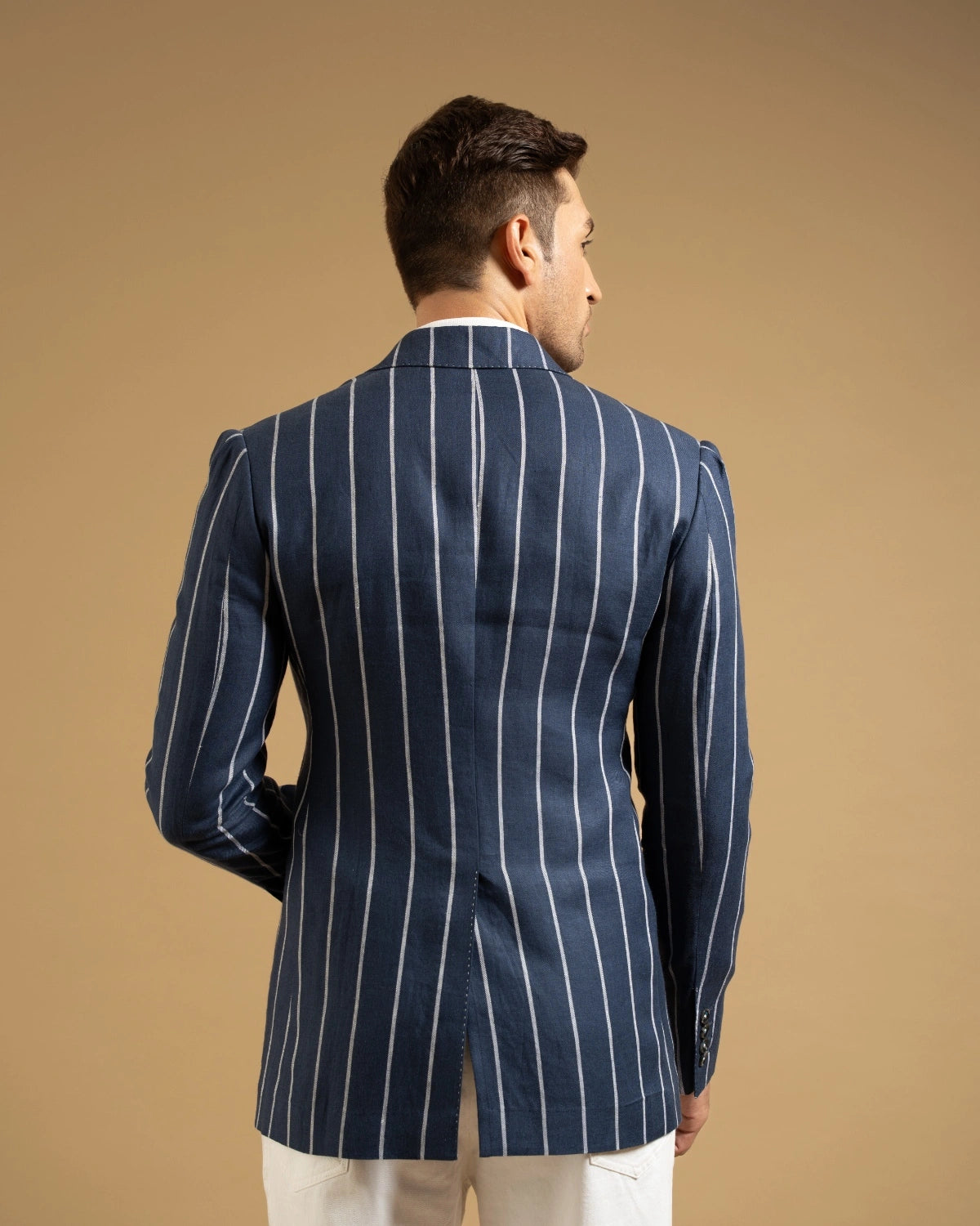 Navy Linen Bold Stripe Crest Blazer Gargee