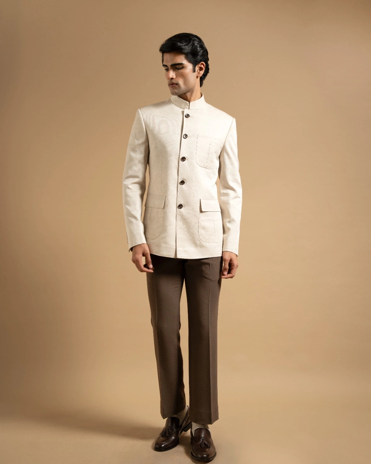 Off-White Cotton Linen Textured Bandhgala Gargee