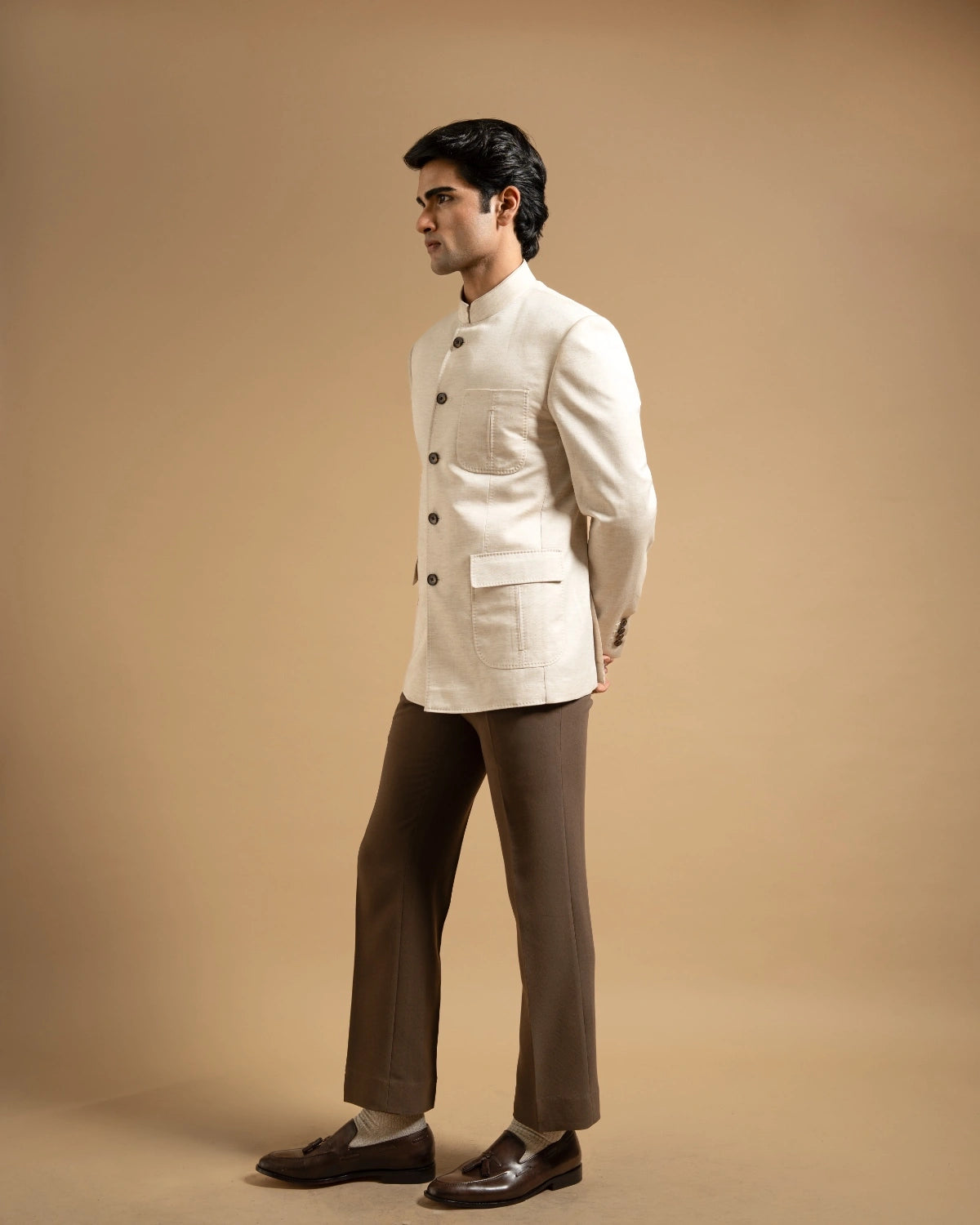 Off-White Cotton Linen Textured Bandhgala Gargee