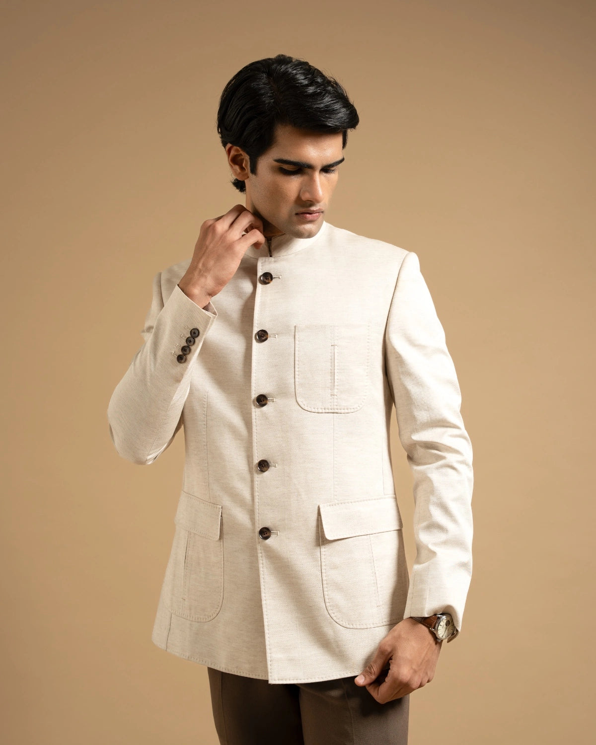 Off-White Cotton Linen Textured Bandhgala Gargee