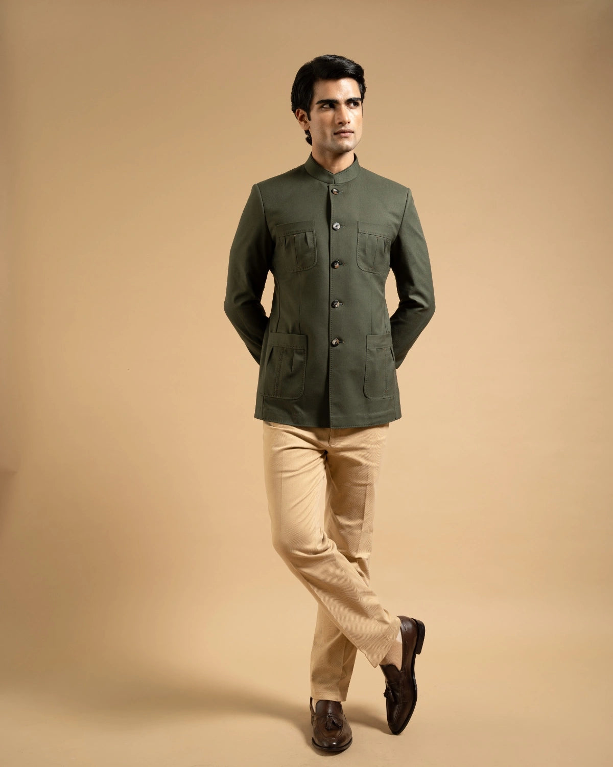 Olive Cotton Patch Pocket Bandhgala Gargee