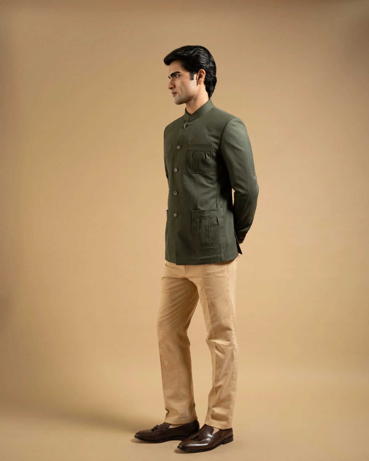 Olive Cotton Patch Pocket Bandhgala Gargee