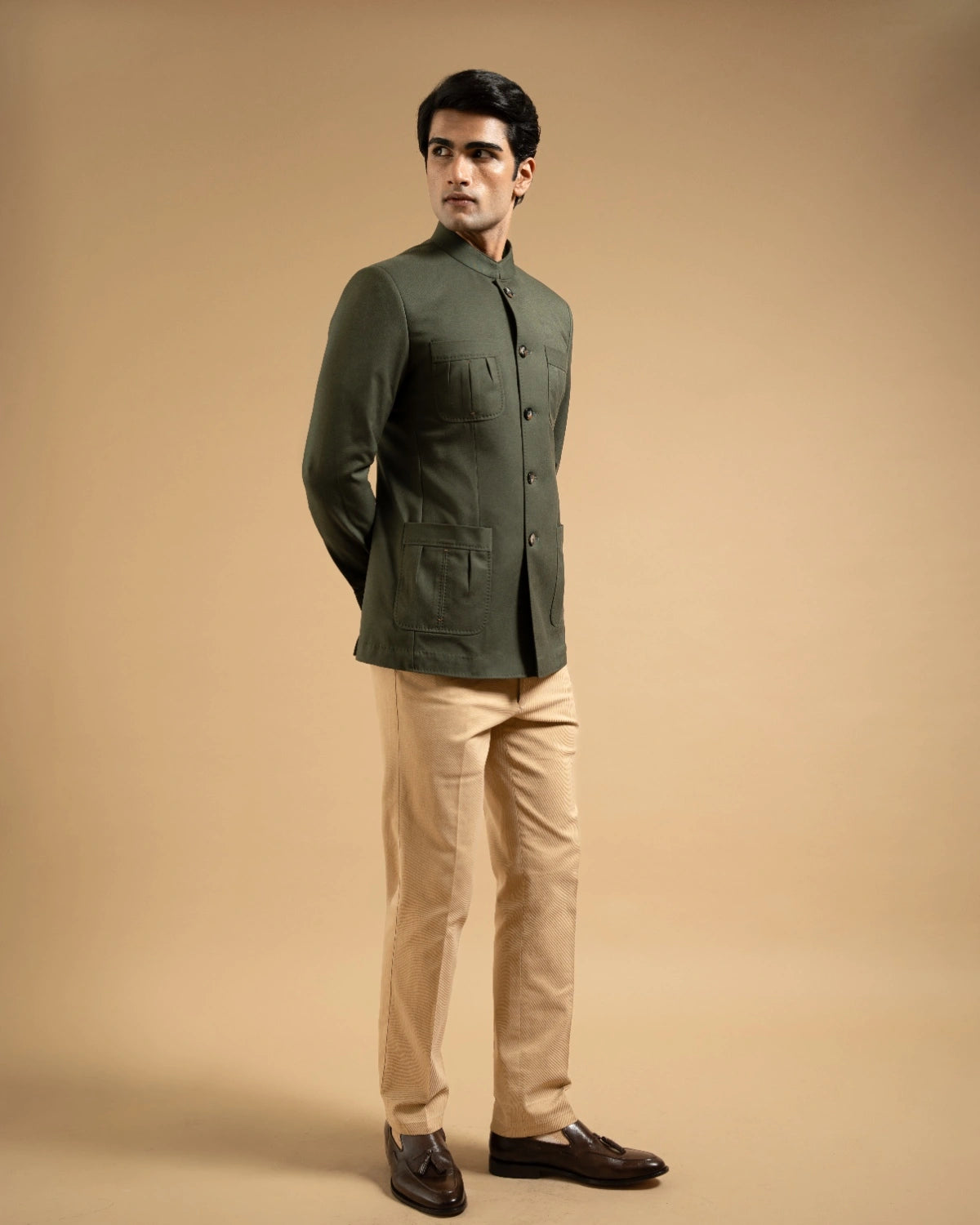 Olive Cotton Patch Pocket Bandhgala Gargee