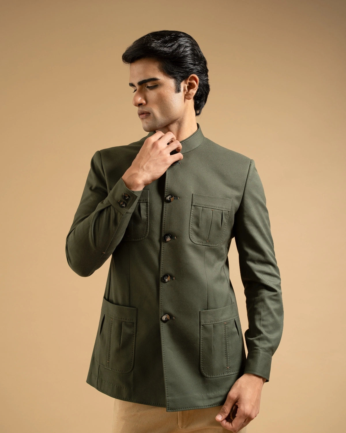 Olive Cotton Patch Pocket Bandhgala Gargee