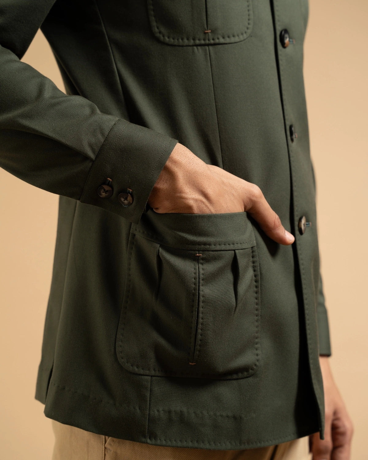 Olive Cotton Patch Pocket Bandhgala Gargee