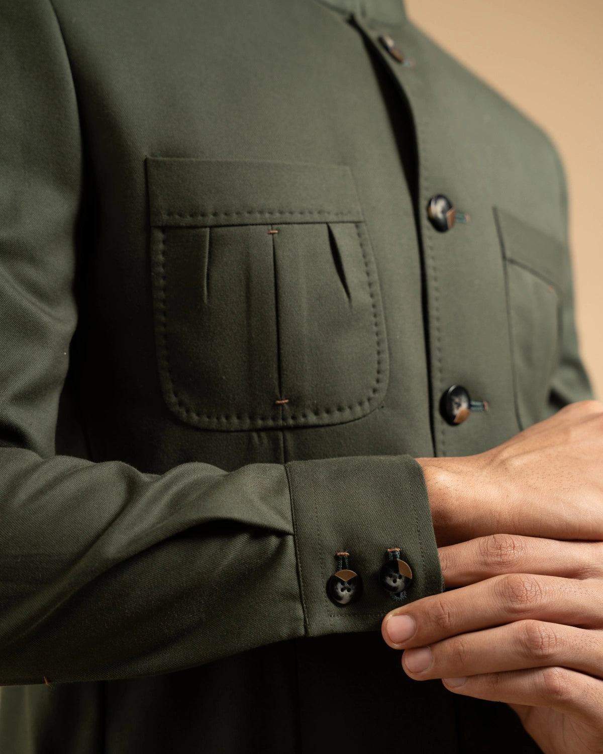 Olive Cotton Patch Pocket Bandhgala Gargee