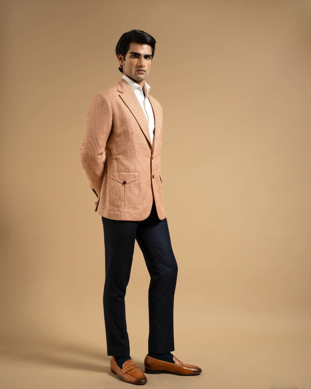 Peach Houndstooth Linen Blazer Gargee