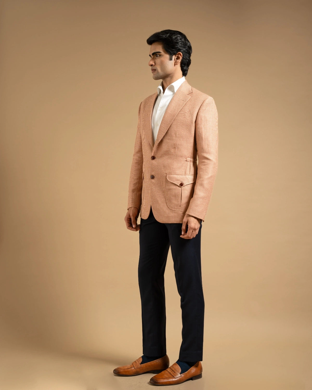 Peach Houndstooth Linen Blazer Gargee