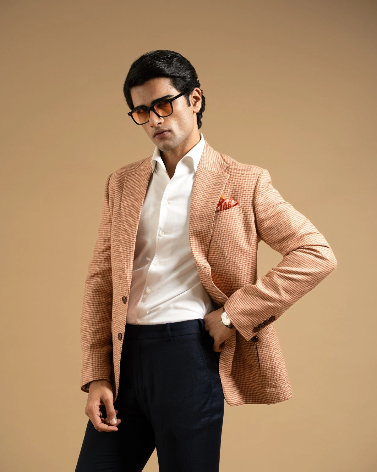 Peach Houndstooth Linen Blazer Gargee