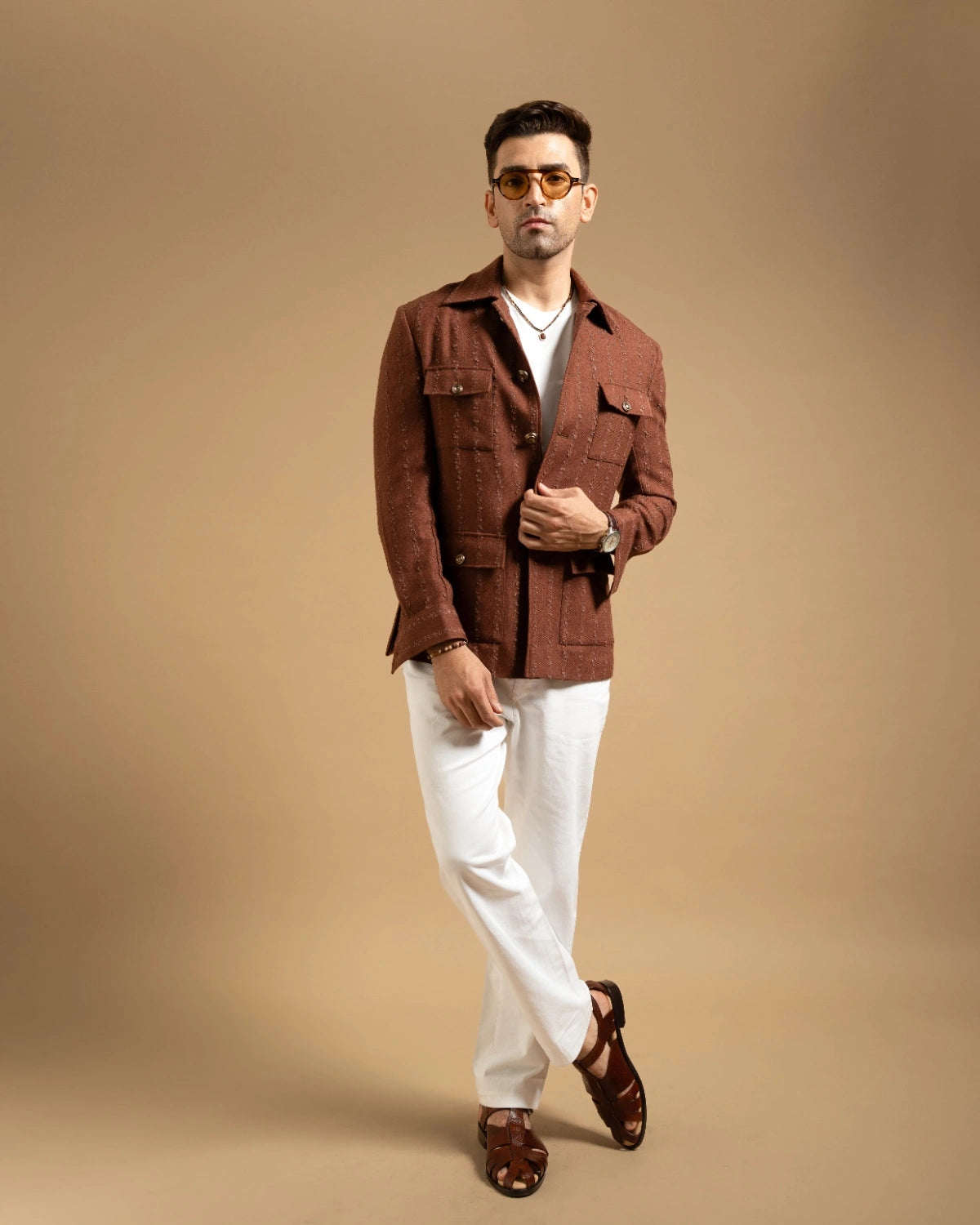Rust Textured Cotton Blend Utility Shacket Gargee