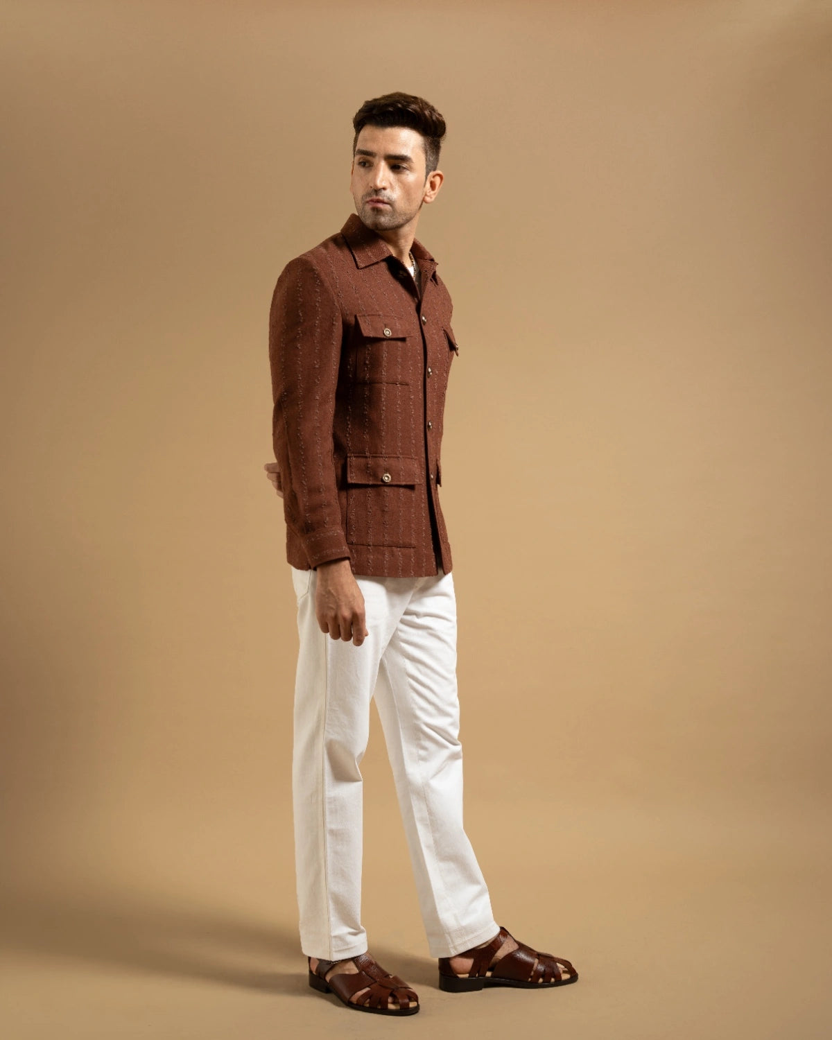 Rust Textured Cotton Blend Utility Shacket Gargee