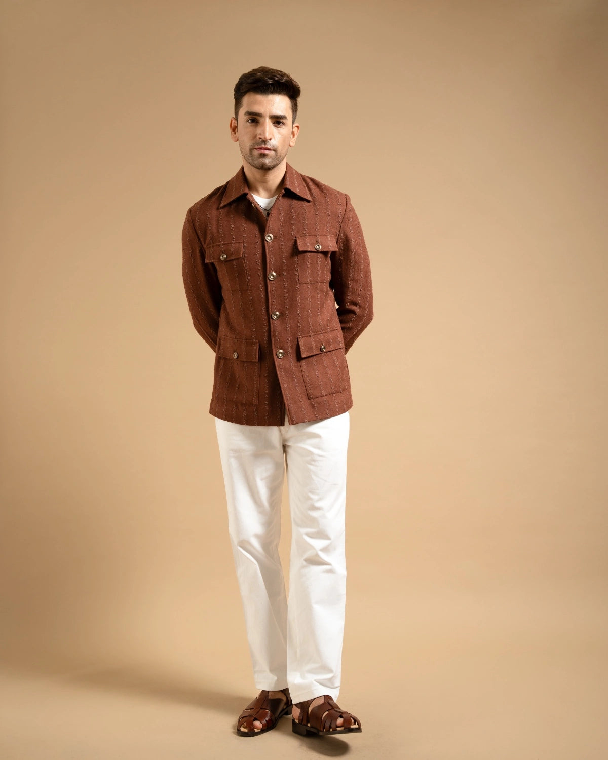 Rust Textured Cotton Blend Utility Shacket Gargee