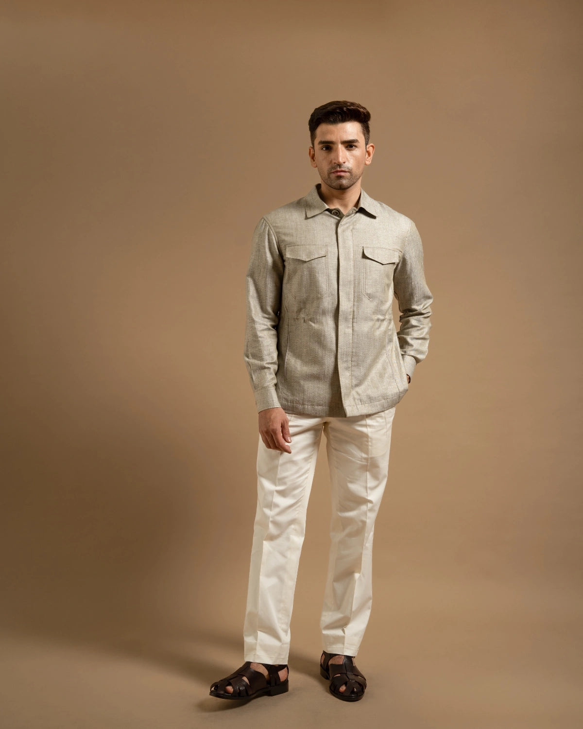 Sage Grey Linen Zip-Front Jacket Gargee