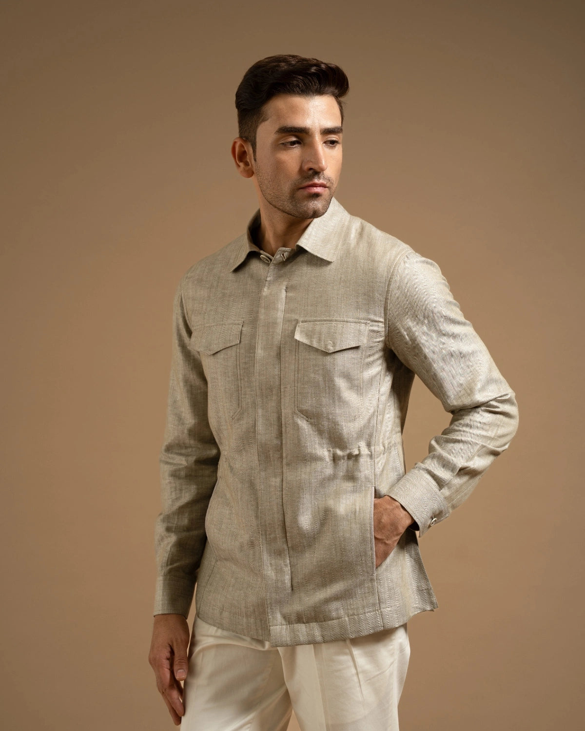 Sage Grey Linen Zip-Front Jacket Gargee