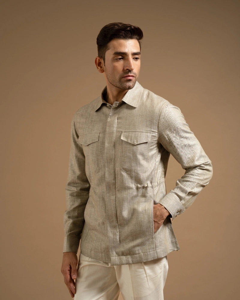 Sage Grey Linen Zip-Front Jacket Gargee