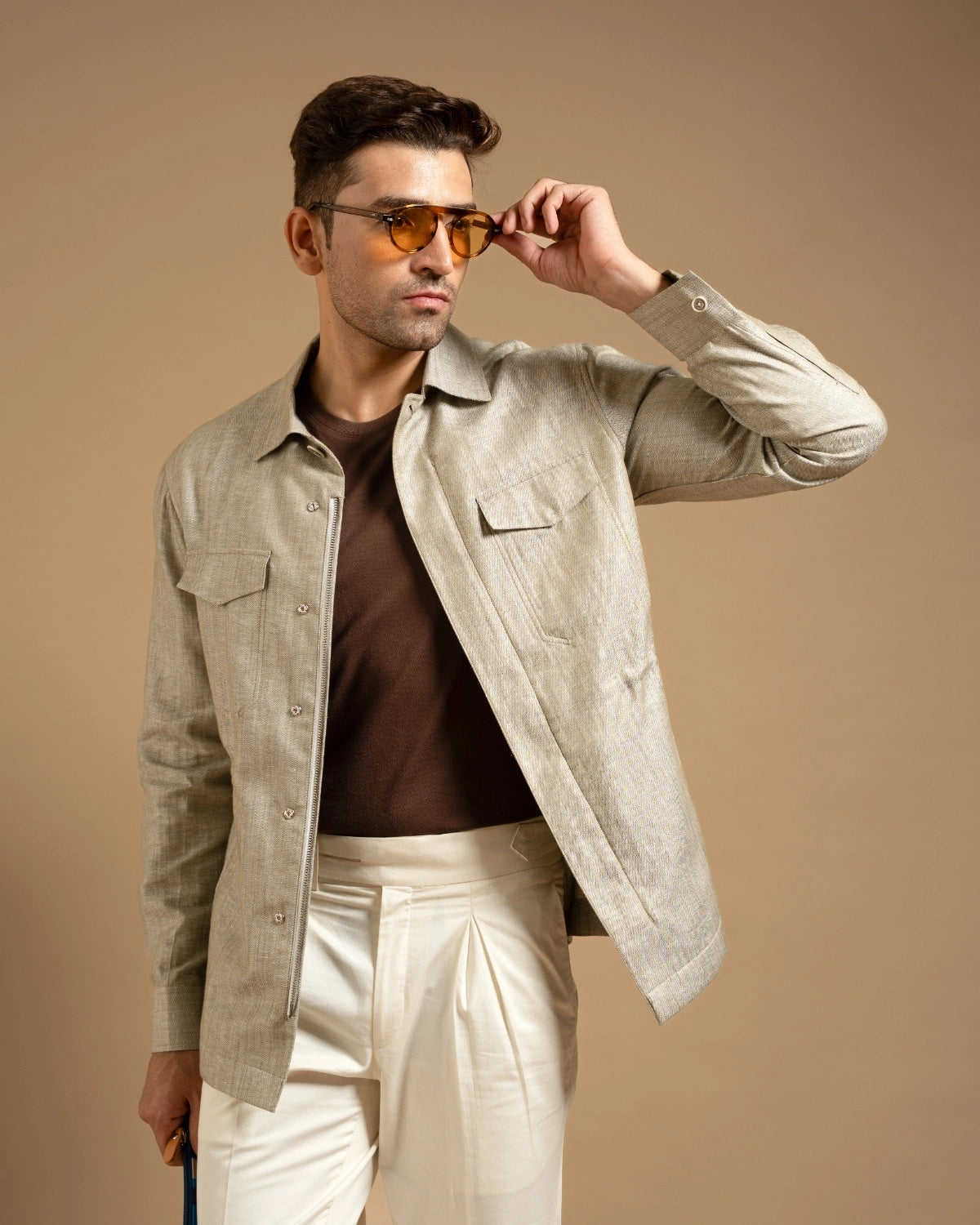 Sage Grey Linen Zip-Front Jacket Gargee
