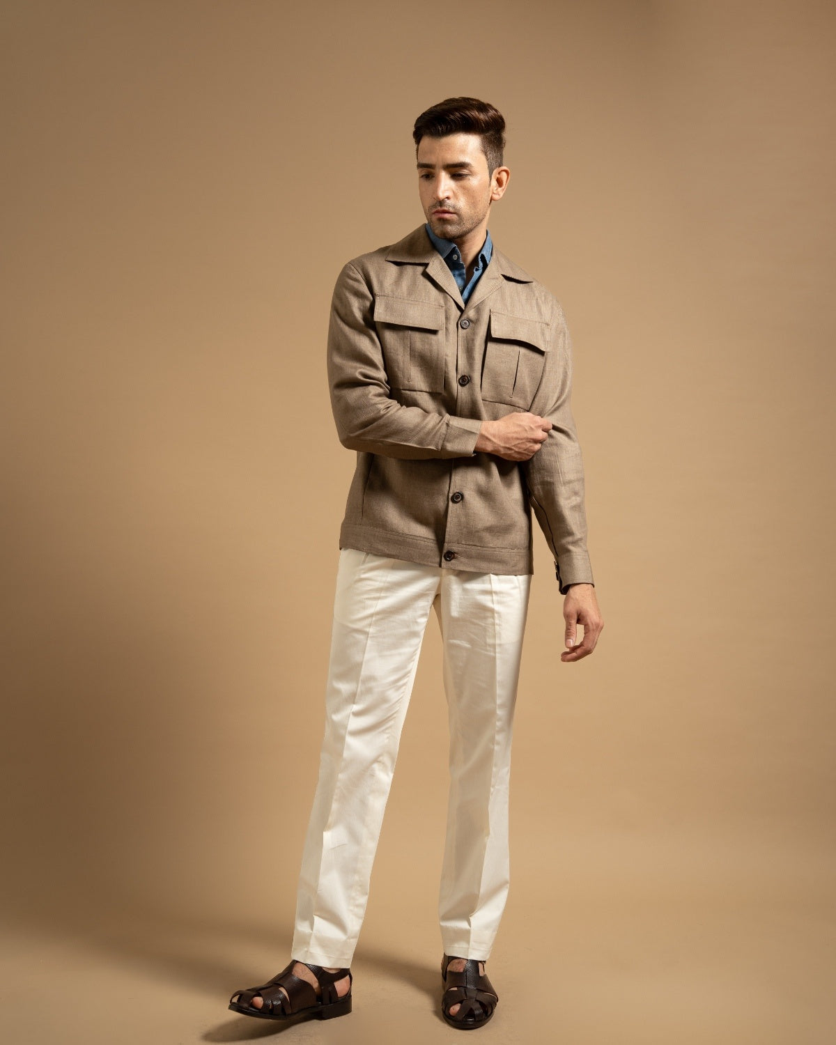 Sand Beige Linen Pocket Shacket Gargee