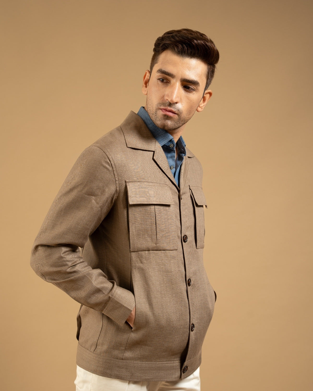 Sand Beige Linen Pocket Shacket Gargee