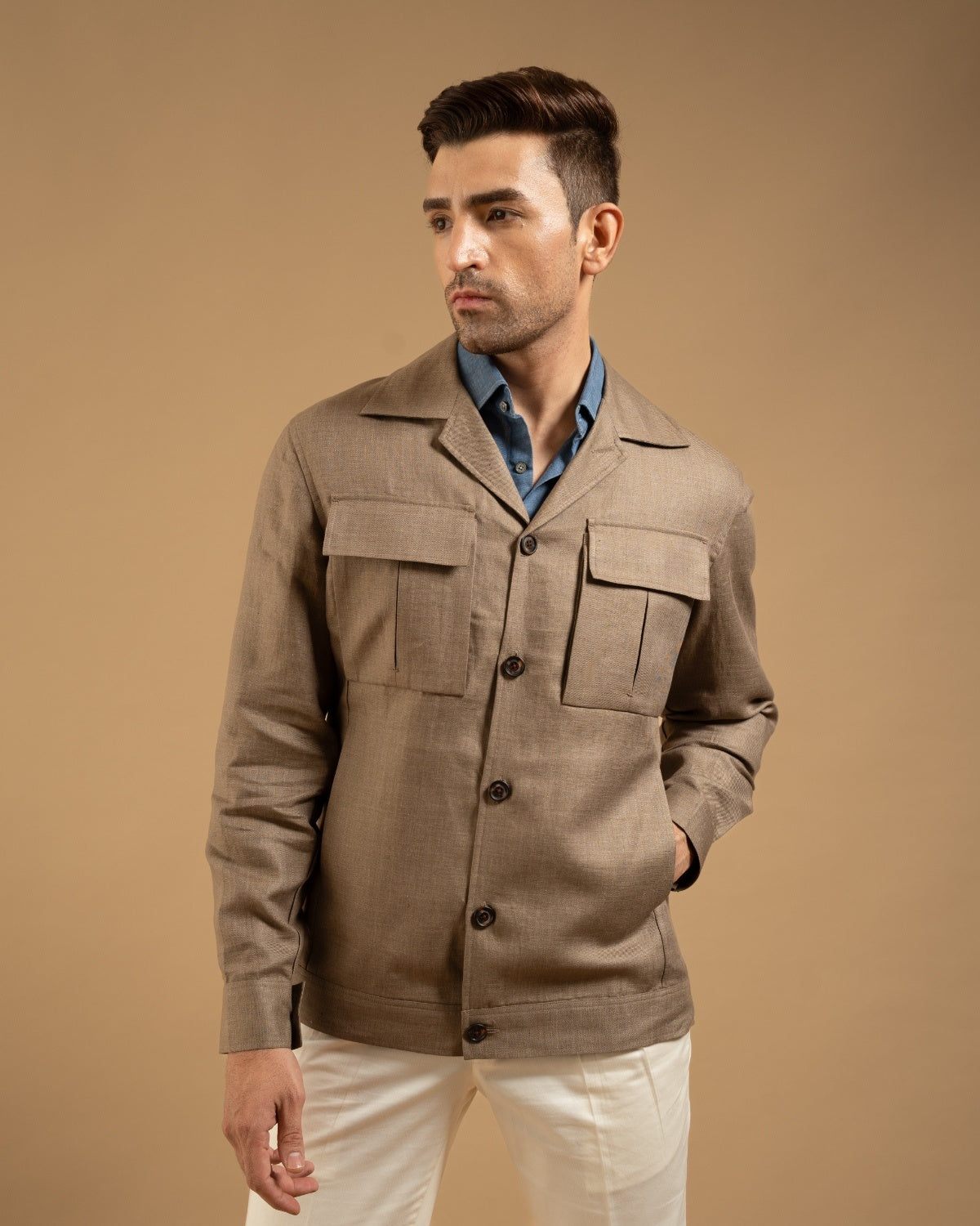 Sand Beige Linen Pocket Shacket Gargee