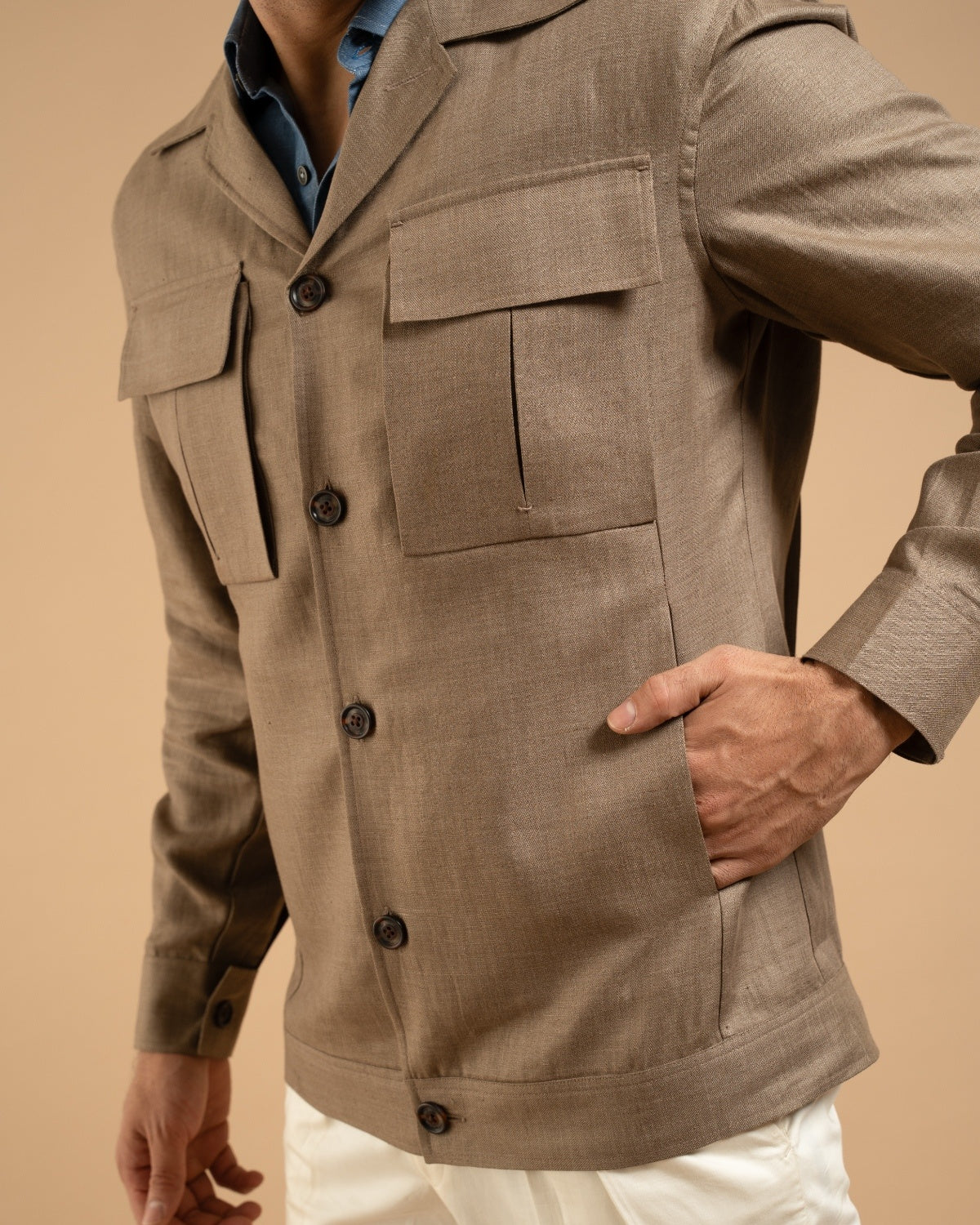 Sand Beige Linen Pocket Shacket Gargee