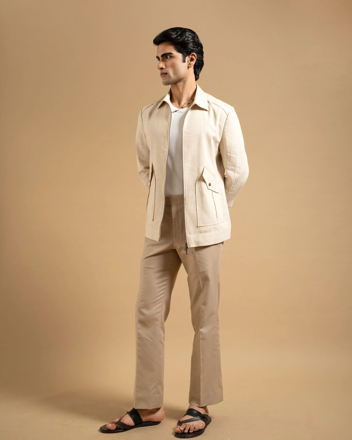 Sand Cotton Blend Zip-Front Utility Jacket Gargee