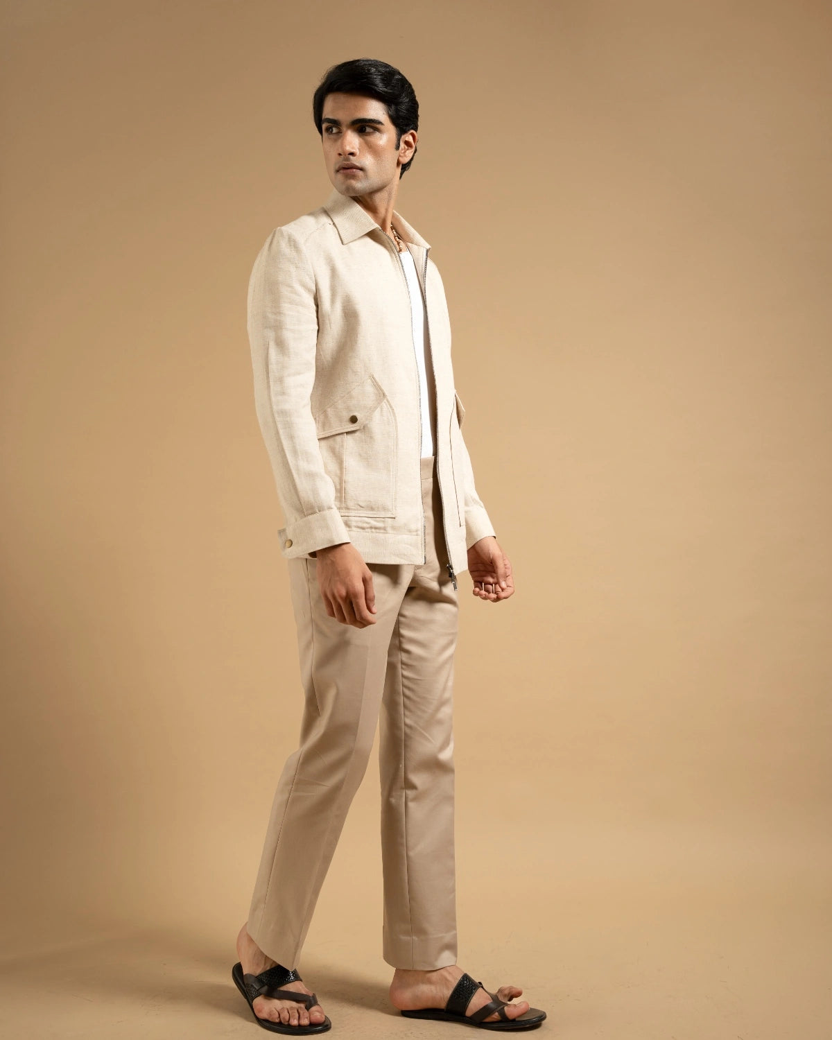 Sand Cotton Blend Zip-Front Utility Jacket Gargee