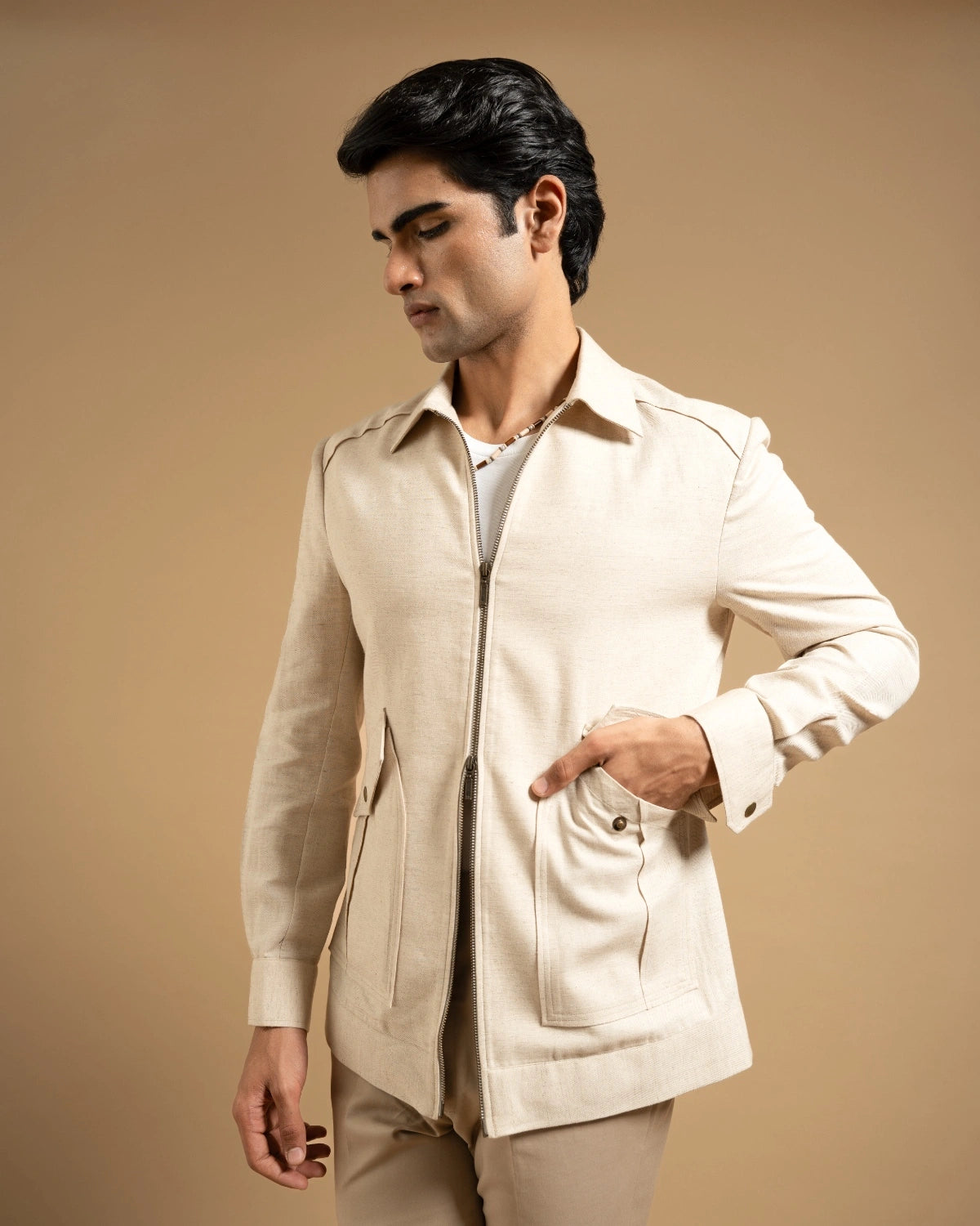 Sand Cotton Blend Zip-Front Utility Jacket Gargee