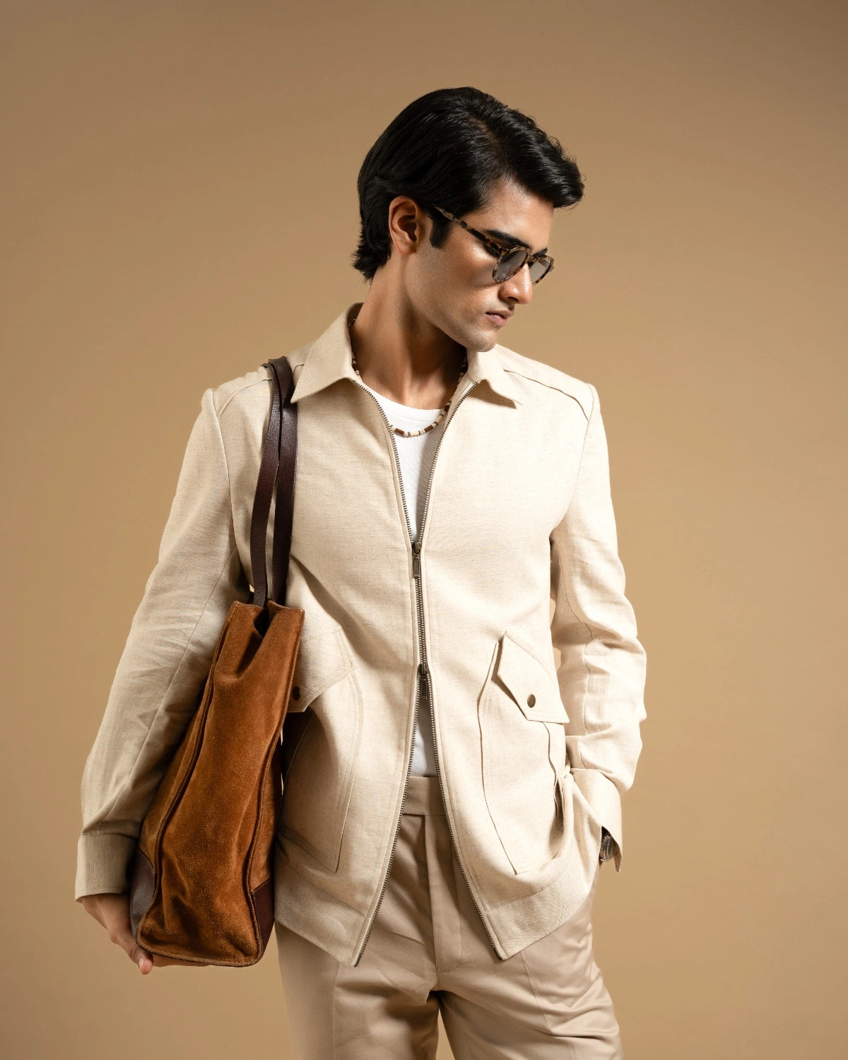 Sand Cotton Blend Zip-Front Utility Jacket Gargee