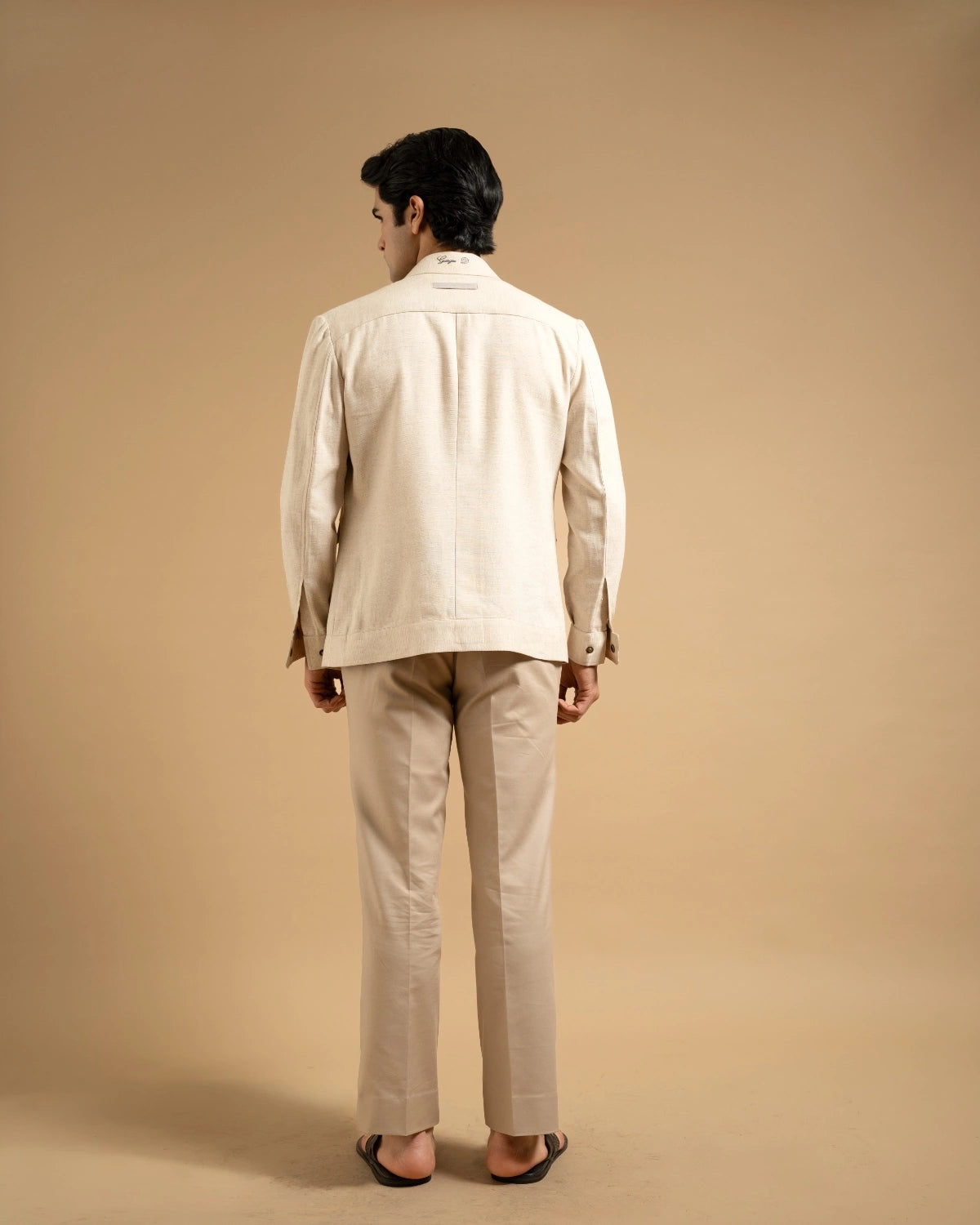 Sand Cotton Blend Zip-Front Utility Jacket Gargee