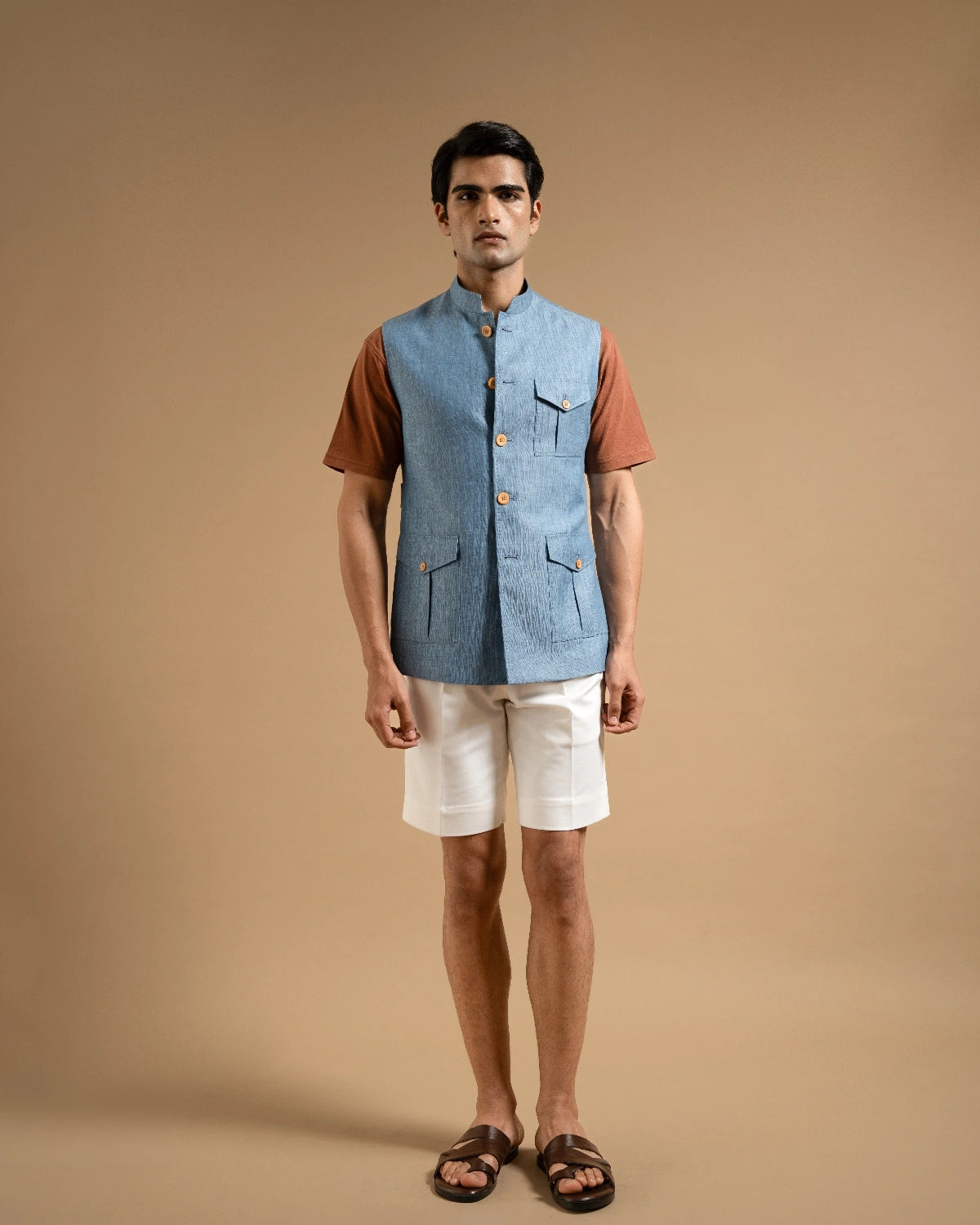Sky Blue Linen Herring Down-Vest Gargee