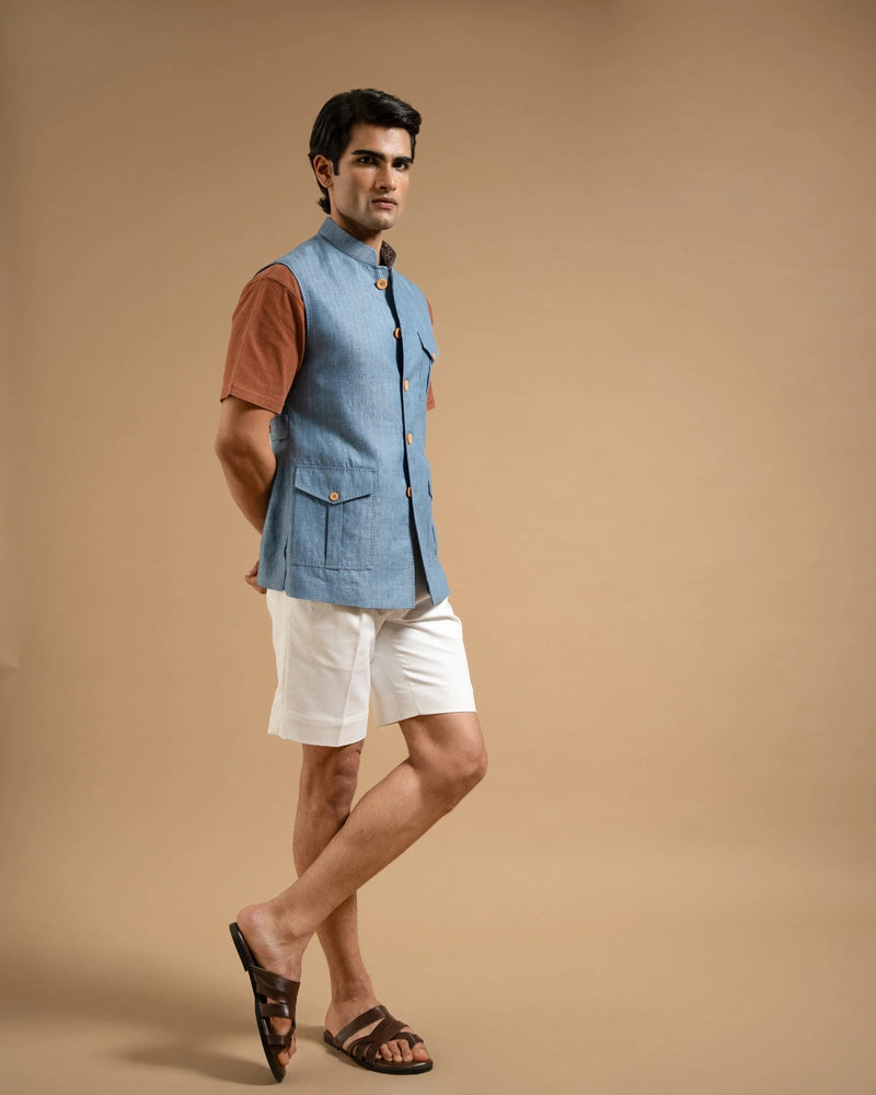 Sky Blue Linen Herring Down-Vest Gargee