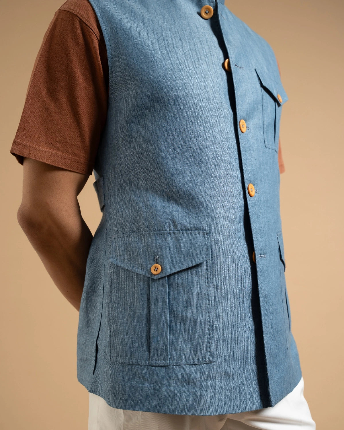 Sky Blue Linen Herring Down-Vest Gargee