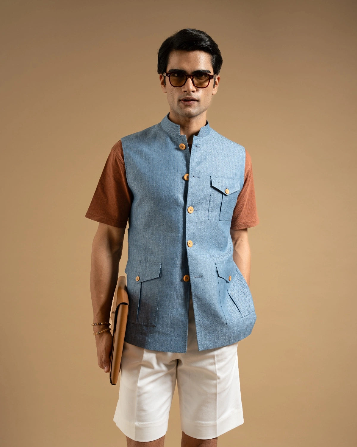 Sky Blue Linen Herring Down-Vest Gargee