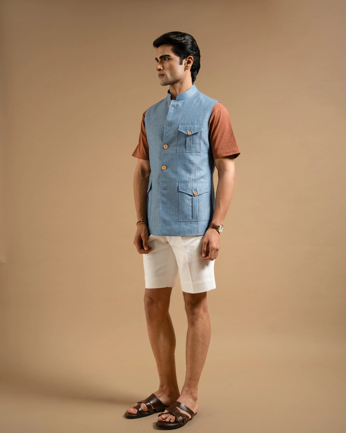 Sky Blue Linen Herring Down-Vest Gargee