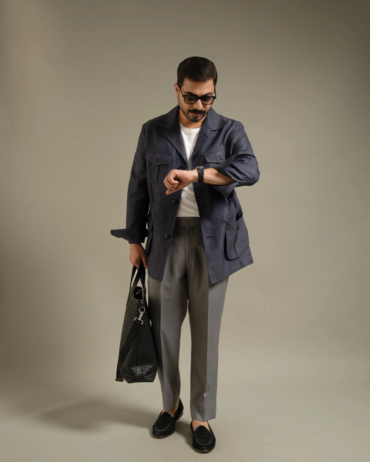 Blue Grey Linen Utility Shacket Gargee