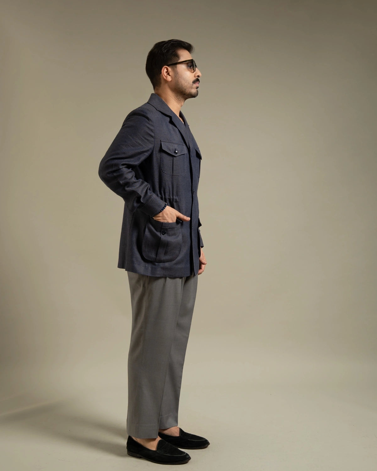 Blue Grey Linen Utility Shacket Gargee