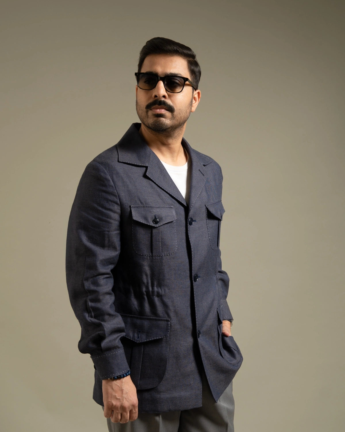 Blue Grey Linen Utility Shacket Gargee