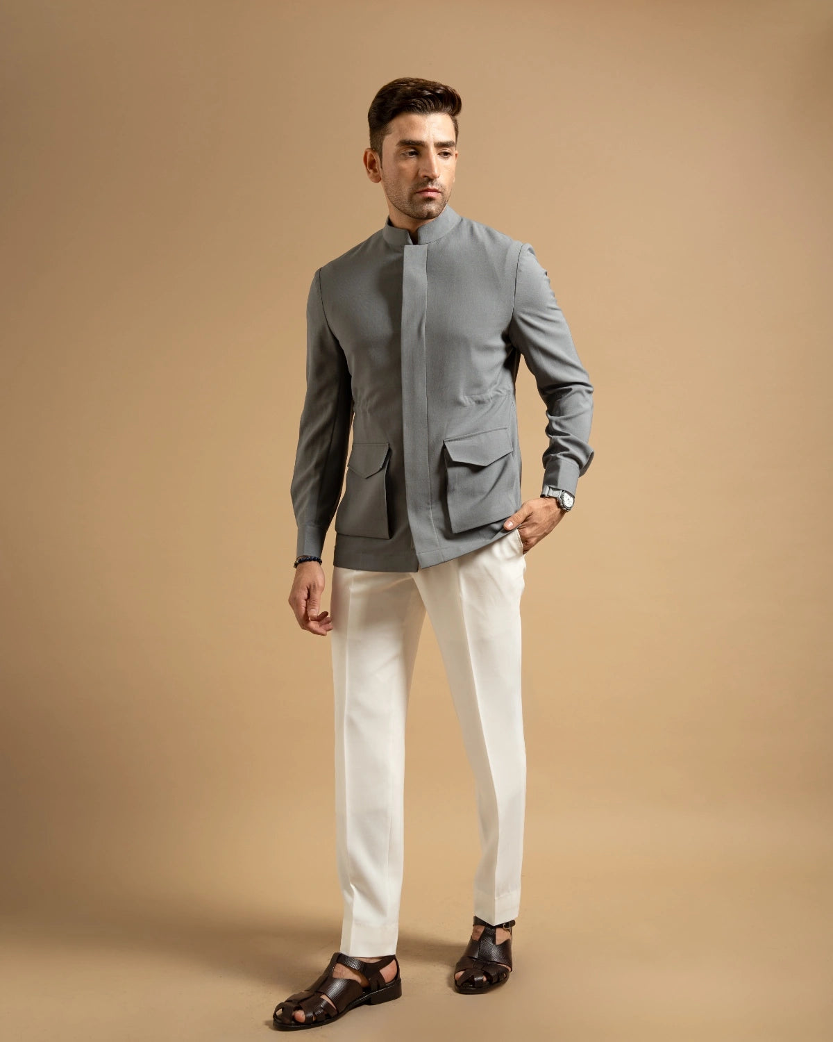 Steel Grey Structured Bandhgala Style Jacket Gargee
