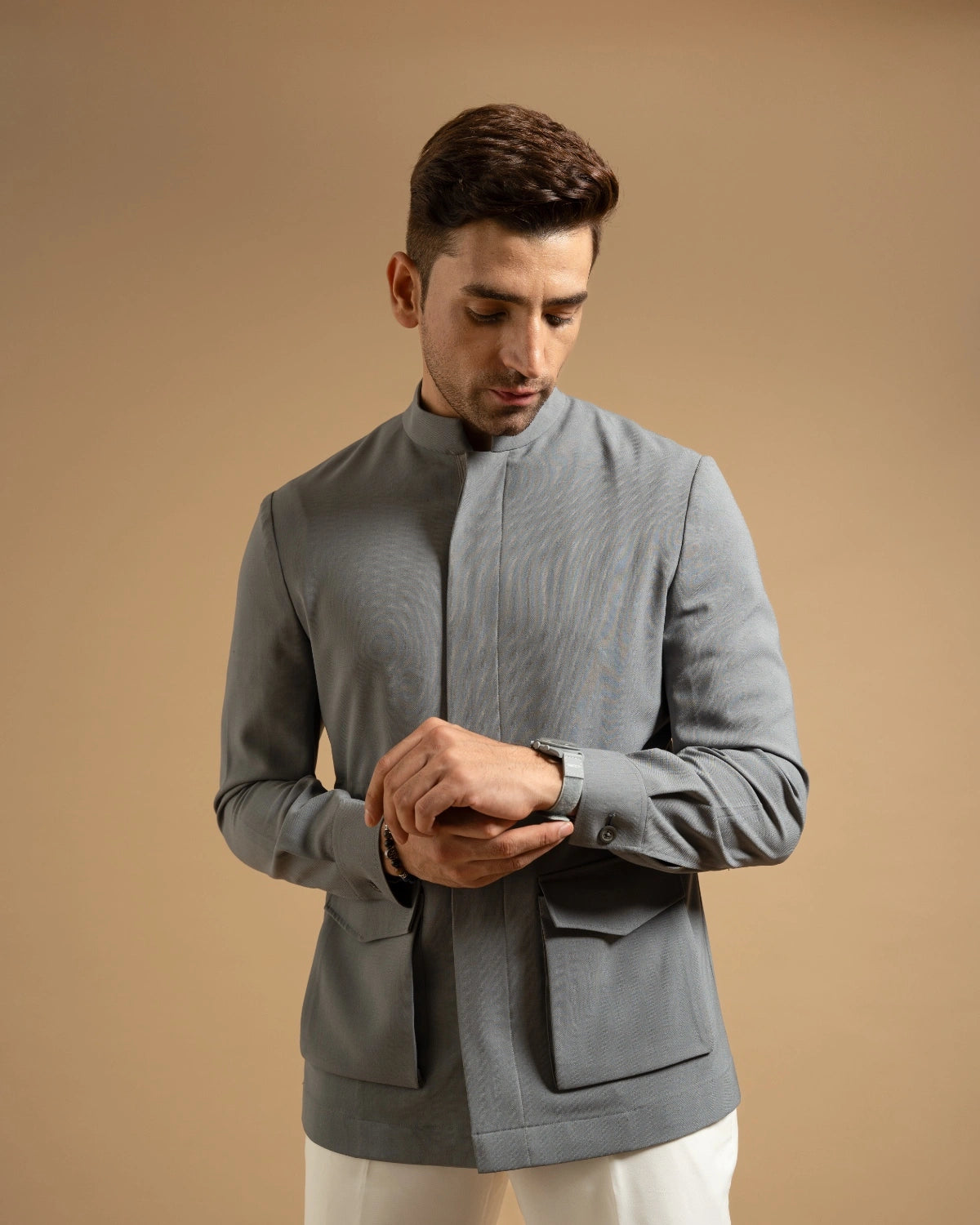 Steel Grey Structured Bandhgala Style Jacket Gargee