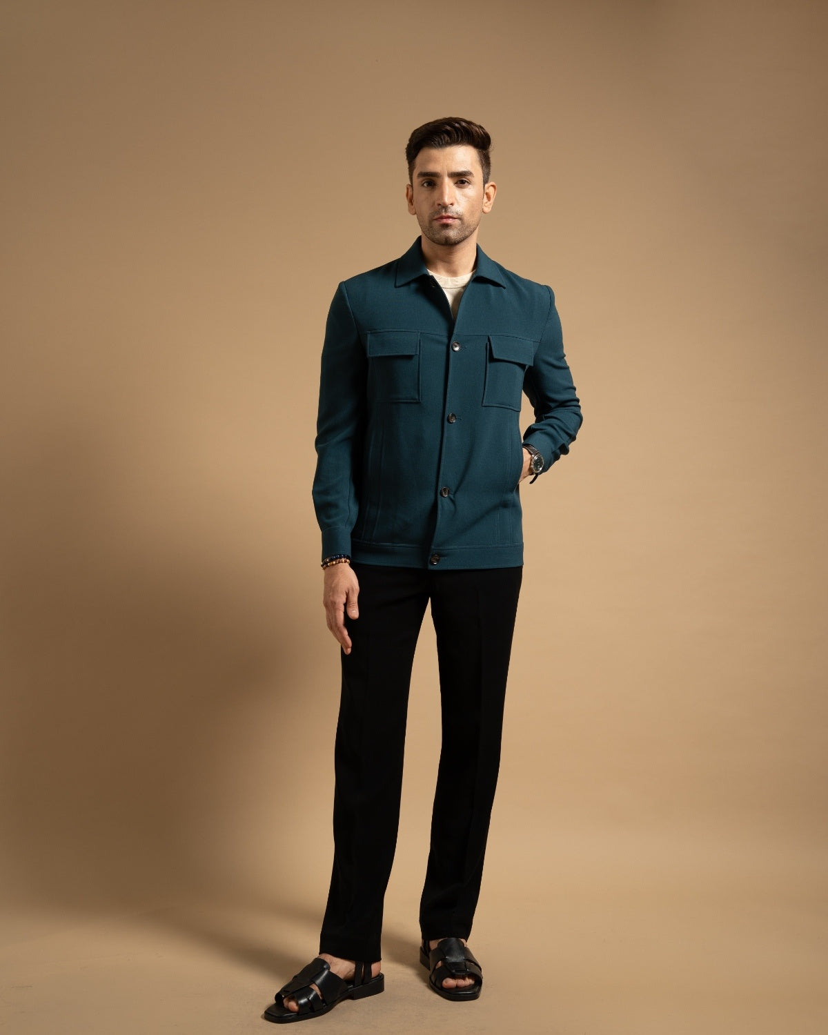 Teal Stretchable Utility Shacket Gargee
