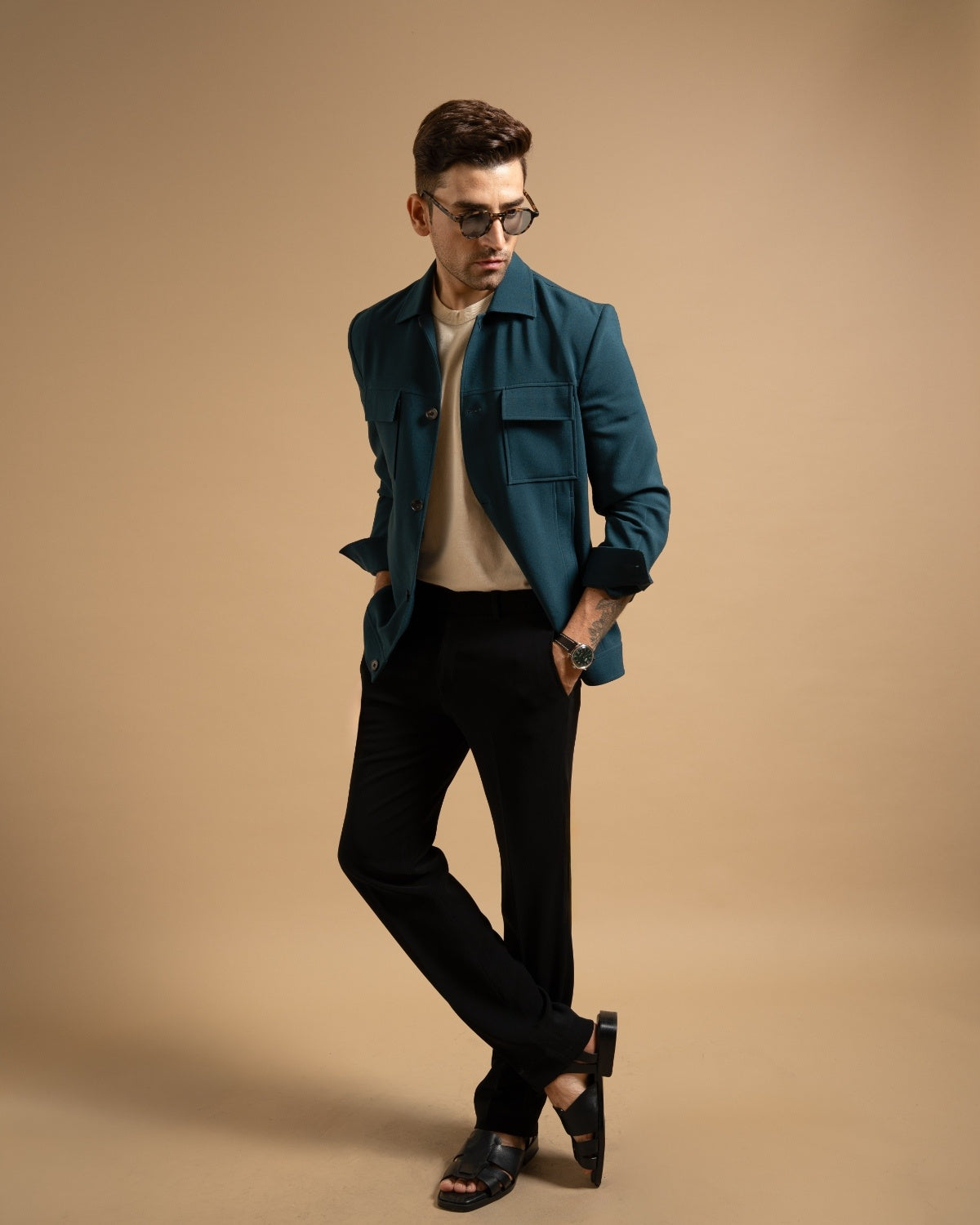 Teal Stretchable Utility Shacket Gargee