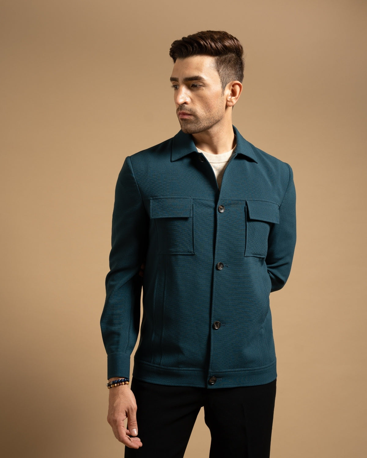 Teal Stretchable Utility Shacket Gargee